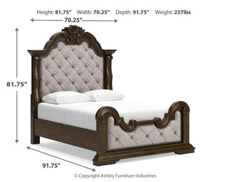 Maylee Queen Upholstered Panel Bed, Dresser, Mirror and Nightstand