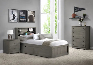 Innovations Newport Twin Bookcase Platform Bed in Gray with under bed chests