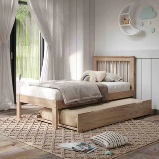 Mirage Roll Out Trundle in Sandstone under a Mirage Twin Platform Bed